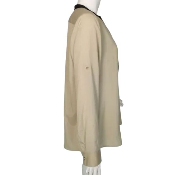 CALVIN KLEIN Blouse, L, Champagne/Black, Long Tab Sleeves, Zipper Neck - Picture 10 of 14